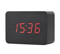 Vvikizy Wooden Alarm Clock, LED Digital Alarm Clock with Voice Control and Temperature Display 12 24H Time Mode for Bedroom Office Nightstand (Black wood + red light)