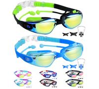 Vvinca Kids Swimming Goggles, 2 Packs Swim Goggles with Earplugs& Nose Clip Anti Fog/UV Leak-proof Clear Mirrored Easy Adjust No Hair Pull for Kids Youth Teens Boys Girls Age 3-15