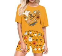 VVNTY Halloween Pajamas Women Pumpkin Pyjamas Ladies Ghosts Pjs Women Halloween Graphic Sleepwear (Yellow1,XL)
