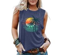VVNTY Hawaiian Tank Tops for Women Palm Trees Beach Vest Sunset Graphic Tops Summer Vacation Sleeveless Outfits (Blue2,XXL)