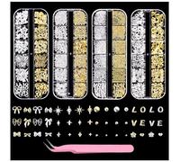 VVQWCY 4 Boxes of Nail Charms, 48 Types Charms Nails, Gold Silver Star Bows Letter Flowers Hearts Dots Nail Decoration