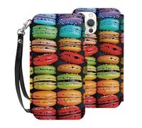 VVTDESA Macaron Biscuit Flavored Pastries Printed Wallet Case for iPhone 12 Mini- 5.4 Inch with Card Holder, Pu Leather Card Slots Flip Phone Wallet Case with Wrist Strap White
