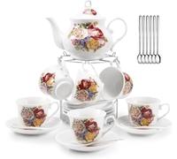 VVXAMI Tea Sets 26-Piece Porcelain Tea Set for Adults,Ceramic Tea Cups (207 ML) & Teapot (828 ML) with European Vintage Floral Design,Tea Sets for Women Tea Party High Tea,Ideal Gift