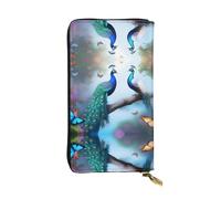 VVXBHGR Leather Long Clutch Wallet Two Colorful Peacocks Prints Comfortable and Lightweight Zipper Closure for Storing Coins and Credit Cards.