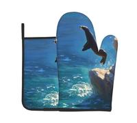 VVXBHGR Splashing sea lions prints Kitchen baking two-piece set of high-end heat-resistant gloves and insulation pads cooking set
