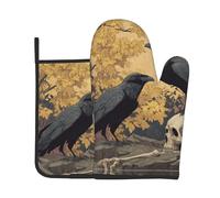 VVXBHGR The crow on the skull prints Kitchen baking two-piece set of high-end heat-resistant gloves and insulation pads cooking set