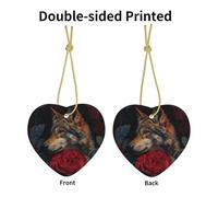 VVXBHGR Wolf among the red roses Prints Christmas Ceramic Love Pendant with gold wire rope for easy hanging Decoration