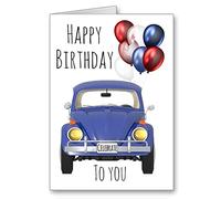 VW blue Beetle Car Birthday Card Happy Birthday Balloons Not personalised but suitable for eg friend sister mum daughter granddaughter auntie husband brother son Grandson Uncle