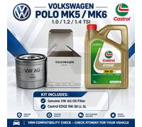 VW Polo MK5 MK6 1.0 1.2 1.4 TSI Genuine VW AG Oil Filter Castrol EDGE 5W30 LL 5L