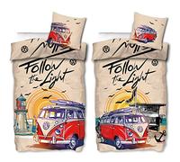 VW Volkswagen Bulli Bed Linen Follow The Light 135 cm x 200 cm + 80 cm x 80 cm 100% Cotton Renforcé Linen Quality VW Bus T1 Camper Van 2 Designs Retro Reversible Bed Linen Zip 187
