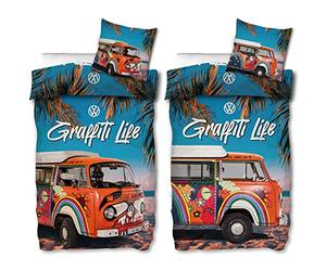 VW Volkswagen Bulli Bed Linen Graffiti Life 135 cm x 200 cm + 80 cm x 80 cm 100% Cotton Renforcé Linen Quality VW Bus T1 Camper Van 2 Designs Retro Beach Reversible Bed Linen Zip 185