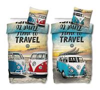 VW Volkswagen Bulli Bed Linen Time to Travel 135 cm x 200 cm + 80 cm x 80 cm 100% Cotton Renforcé Linon Quality Camper Van VW Bus 2 Designs T1 T2 T3 Retro Reversible Bed Linen Zip 186
