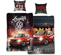 VW Volkswagen Golf GTI Bed Linen Red / Grey 135 cm x 200 cm + 80 cm x 80 cm Oldtimer 100% Cotton in Renforcé Linen Quality Race Wörthsee Car 2 Designs Reversible Bed Linen Zip 088