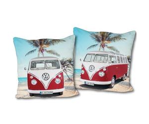VW Volkswagen T1 Reversible Cushion - Red 40 x 40 cm Bulli Cushion with 2 Designs, Camper Van Cushion Cover, Ideal for Sofa and Bed, Home Accessories, Decorative Cushion, Camping, Matches VW Bulli