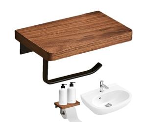 vWalnut Wood Paper Roll Holder - Drill-Free Wall Mounted Bathroom, Modern Cross Brace Design, Stylish Phone Holder | Natural Wood Finishing Decorative Holder Beautifies Bathroom Toi