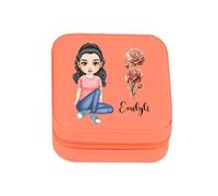 VWCSDSCS Personalized Birth Flower Jewelry Box Custom with Cartoon Character, Birth Flower & Name Orange Leather Organizer Storage Gifts for Mother, Wife, Girlfriend, Women
