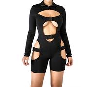 VWIWV Women's Bodycon Bag Buckle High Neck Jumpsuit Long Sleeves Sexy Hollowing Out Romper Medium(fits like US 6-8) Black