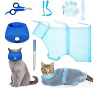 Vwvk 6 Pcs Cat Bathing Grooming Set - Adjustable Mesh Bathing Bag, Nail Clipper, Mesh Muzzle, Massage Brush, Tick Remover Tool & Nail File (Blue)