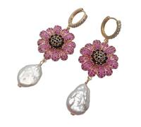 VWWJCCRO 13x18mm Cultured White Coin Pearl Fuchsia 25mm Pave Flower Shape Dangle Hoop Earrings