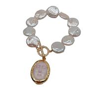 VWWJCCRO 16mm Cultured White Coin Pearl Freshwater strand Bracelet Queen Conch Facial Mask Charm 8"