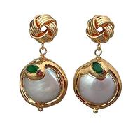 VWWJCCRO Cultured White CoinFreshwater Pearl Green Pave Gold Filled Stud Earrings