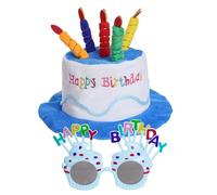 Vxcvzv 1 Set Happy Birthday Hat and Glasses Plush Hats Unisex Adult Size - Perfect as Party Favors Costume Accessories - Cake & 5 Multicolor Candles Blue
