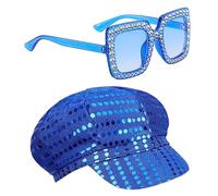 Vxcvzv 2Pcs 70s Sequin Hat Women Disco Accessories with Sequins Hat Bling Sunglasses Disco Costume Set for Women Theme Party Birthday Dance (Blue)