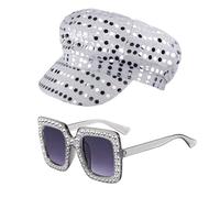 Vxcvzv 2Pcs 70s Sequin Hat Women Disco Accessories with Sequins Hat Bling Sunglasses Disco Costume Set for Women Theme Party Birthday Dance (Silver)