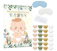 Vxcvzv Baby Shower Games Set Pin The Dummy on Baby Poster with 2 Blindfolds 24 Pacifier Stickers Sage Green Decorations