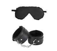 Vxcvzv Fluffy Bondage Set Adjustable Soft Plush Handcuffs with Blindfold for Couples Adults Bedroom Play Black PU Leather Restraints