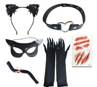 Vxcvzv Halloween Black Cat Costume Women 6Pc Set Ears Gloves Mask Tail Collar Face Stickers Masquerade Accessories