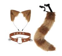 Vxcvzv Tail and Ears Set, 3Pcs Fox Costume Includes Fox Faux Fur Tail, Cat Ears Headband, Neck Choker, Kids Adult Cosplay Costume Accessory for Halloween Party Costumes (Brown)