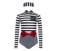 Vxuxlje Girls Prison Uniform Black And White Striped Leotard And Hat with Detachable Bow for Halloween Prisoner Cosplay Silver 5-6 Years