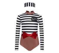 Vxuxlje Girls Prison Uniform Black And White Striped Leotard And Hat with Detachable Bow for Halloween Prisoner Cosplay Mahogany 5-6 Years