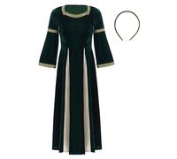 Vxuxlje Kids Renaissance Princess Dress Girls Medieval Queen Gown Velvet Tudor Robe with Gold Belt Halloween Outfit Dark Green Set 10-12 Years