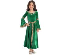 Vxuxlje Kids Renaissance Princess Dress Girls Medieval Queen Gown Velvet Tudor Robe with Gold Belt Halloween Outfit Green A 5-6 Years