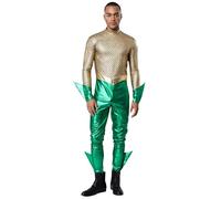 Vxuxlje Men King of Sea Cosplay Costume Halloween Greek Mythology Poseidon Role-playing Outfits Shiny Scale Jumpsuit Gold Green M