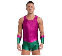 Vxuxlje Men Sea Poseidon Costume Halloween King of Sea Cosplay Outfit Shiny Fish Scales Leotard with Armgloves Hot Pink XL