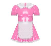 Vxuxlje Mens Sissy Maid Role Play Outfits Doll Collar Leather Dress Crossdresser Servants Costume Pink XXL