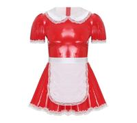 Vxuxlje Mens Sissy Maid Role Play Outfits Doll Collar Leather Dress Crossdresser Servants Costume Red 5XL