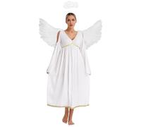 Vxuxlje Women Angel Cosplay Outfits Long Sleeve Flowy Dress with Wings Headwear Set Halloween Holiday Fancy Dress Ivory XXL