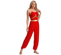 Vxuxlje Women Arabian Princess Cosplay Costume Sequins Gem Sleeveless Belly Dance Jumpsuit Bodysuit Dancewear Red 3XL