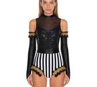 Vxuxlje Women Circus Acrobat Costume Trapeze Artist Stage Performance Costume Sequins Shiny Bodysuit with Gloves Black XXL