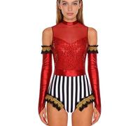 Vxuxlje Women Circus Acrobat Costume Trapeze Artist Stage Performance Costume Sequins Shiny Bodysuit with Gloves Red S