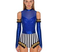 Vxuxlje Women Circus Acrobat Costume Trapeze Artist Stage Performance Costume Sequins Shiny Bodysuit with Gloves Royal Blue S