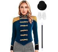 Vxuxlje Women Circus Ringmaster Costume Drum Majorette Outfits Tassel Button Down Jacket with Magic Gloves Wand Set Dark Blue L