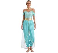 Vxuxlje Womens Halloween Belly Dance Costumes Arabian Princess Jumpsuits Outfits India Shiny Sequins Rompers Turquoise XL
