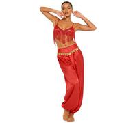 Vxuxlje Women's Tribal Belly Dance Top And Pants 2 Pcs Set Oriental Bellydance Outfit Cha Cha Salsa Wear Red M