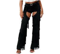Vxuxlje Womens Western Cowgirls Chaps Tiered Tassel Hollow Out Open Crotch Pants for Halloween Black S