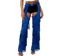 Vxuxlje Womens Western Cowgirls Chaps Tiered Tassel Hollow Out Open Crotch Pants for Halloween Blue M